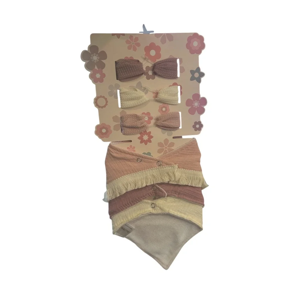 Ava Olivia Baby (3)Girl Headband Bows (3)Bibs Set‎ Pink Cream Textured Fabric